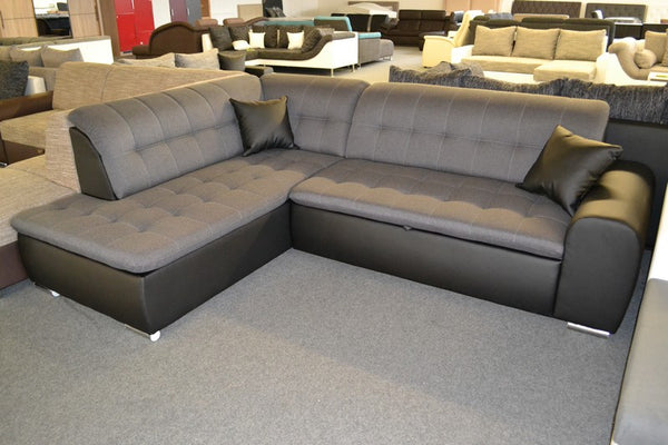 Sectional "Edard BR" in Black PU Leather / Dark Grey Fabric + Bed Function