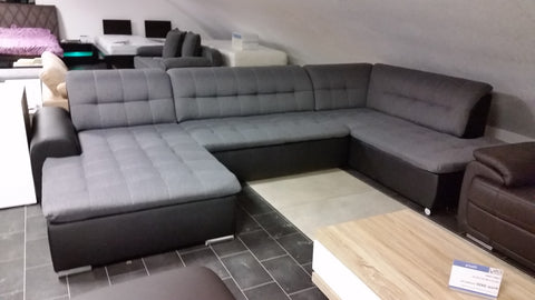 U-Shape Sectional "Edard" in Black PU Leather and Grey Fabric + Bed Function/Ottoman