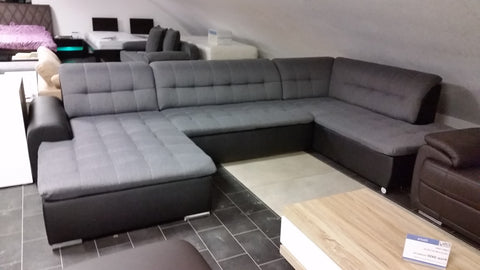 U-Shape Sectional "Edard" in Black PU Leather and Grey Fabric + Bed Function/Ottoman