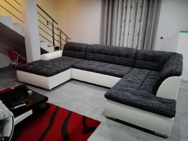 U-Shape Sectional "Edard" in White PU Leather and Black Fabric + Bed Function/Ottoman