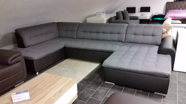 U-Shape Sectional "Edard" in Black PU Leather and Grey Fabric + Bed Function/Ottoman