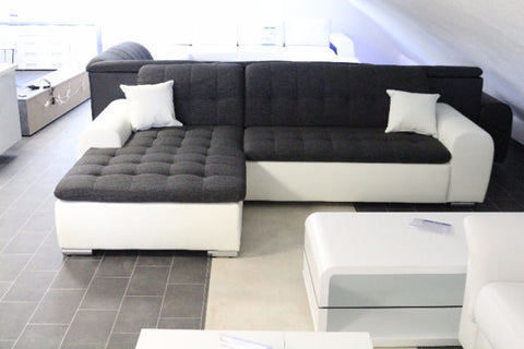 Sectional "Edard" in White PU Leather and Black Fabric + Bed Function/Ottoman