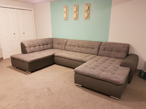 U-Shape Sectional "Edard" in Grey PU Leather and Grey Fabric + Bed Function/Ottoman