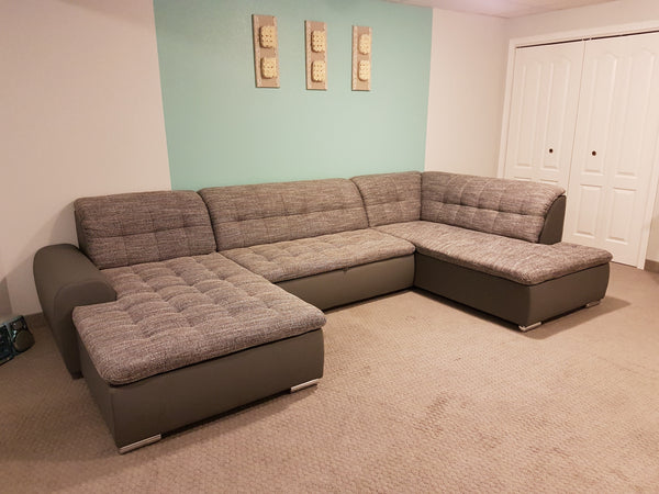 U-Shape Sectional "Edard" in Grey PU Leather and Grey Fabric + Bed Function/Ottoman