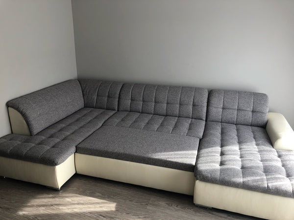 U-Shape Sectional "Edard" in Creme PU Leather and Grey Fabric + Bed Function/Ottoman