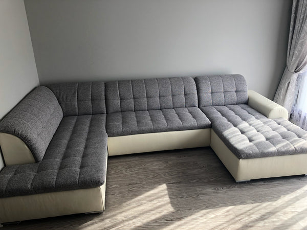 U-Shape Sectional "Edard" in Creme PU Leather and Grey Fabric + Bed Function/Ottoman