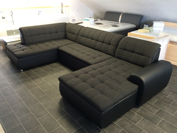 U-Shape Sectional "Edard" in Black PU Leather and Black Fabric + Bed Function/Ottoman