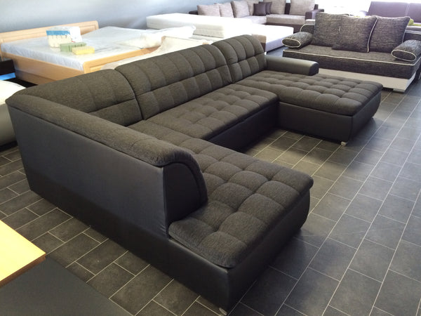 U-Shape Sectional "Edard" in Black PU Leather and Black Fabric + Bed Function/Ottoman