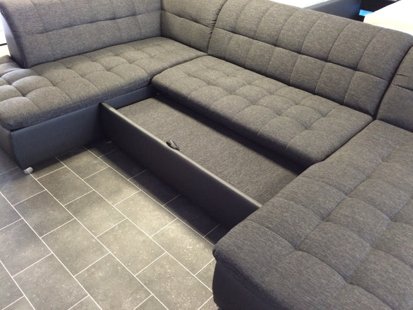 U-Shape Sectional "Edard" in Black PU Leather and Black Fabric + Bed Function/Ottoman