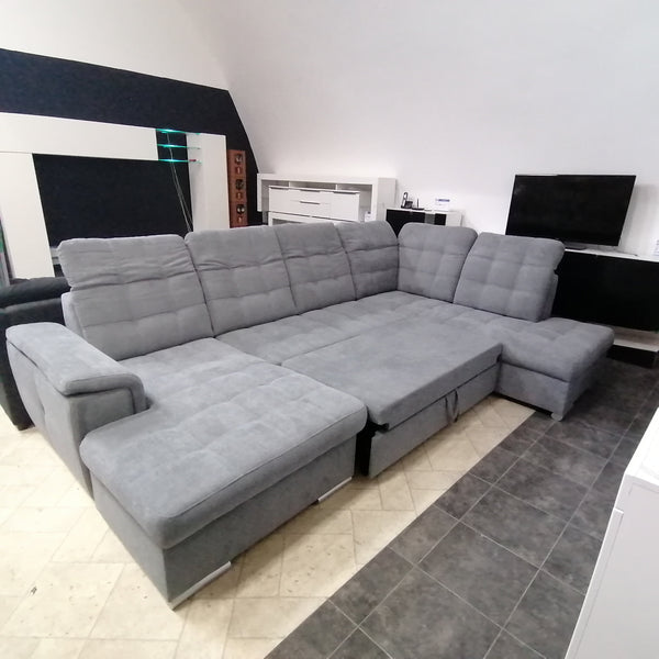 U-Shape Sectional "Nelson" in Grey Fabric + Bed Function/Ottoman
