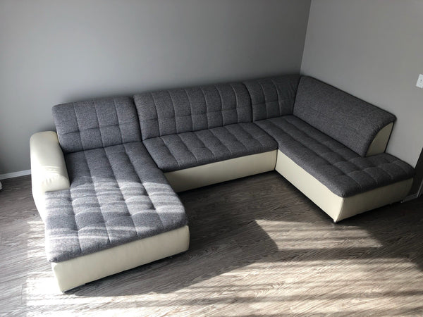 U-Shape Sectional "Edard" in Creme PU Leather and Grey Fabric + Bed Function/Ottoman