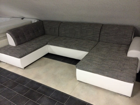 U-Shape Sectional "Edard" in White PU Leather / Grey Fabric + Bed Function/Ottoman