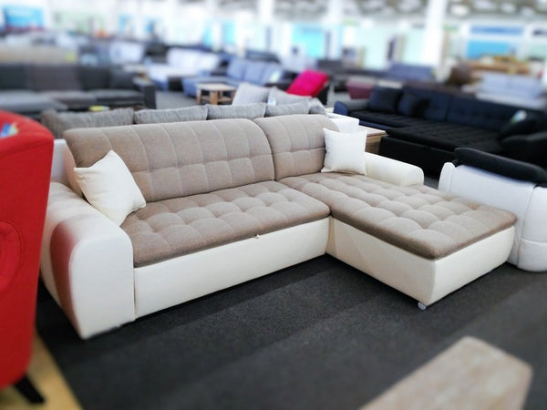 Sectional "Edard" in White PU Leather and Beige Fabric + Bed Function/Ottoman