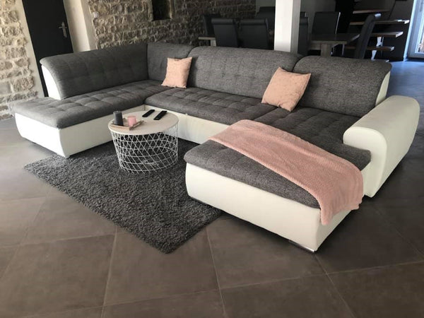 U-Shape Sectional "Edard" in White PU Leather and Grey Fabric + Bed Function/Ottoman