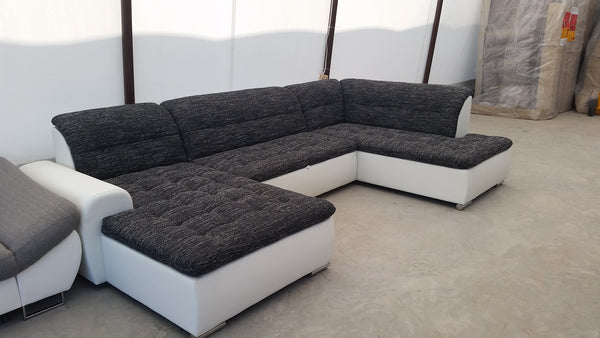 U-Shape Sectional "Edard" in White PU Leather and Black Fabric + Bed Function/Ottoman